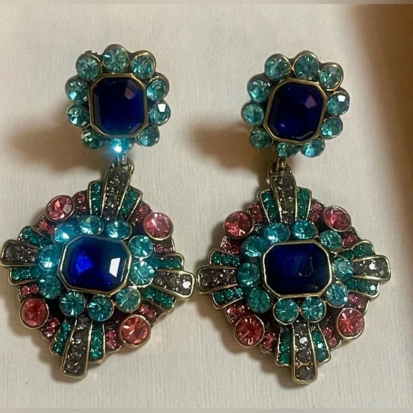 Heidi Daus Blue & Pink 2.5” Dangle Earrings Omega Pierced Signed - Picture 1 of 4